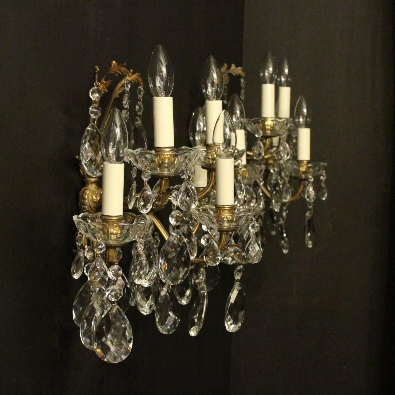 Italian Pair of Gilded Bronze and Crystal Five-Arm Wall Lights 4