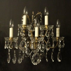 Italian Pair of Gilded Bronze and Crystal Five-Arm Wall Lights