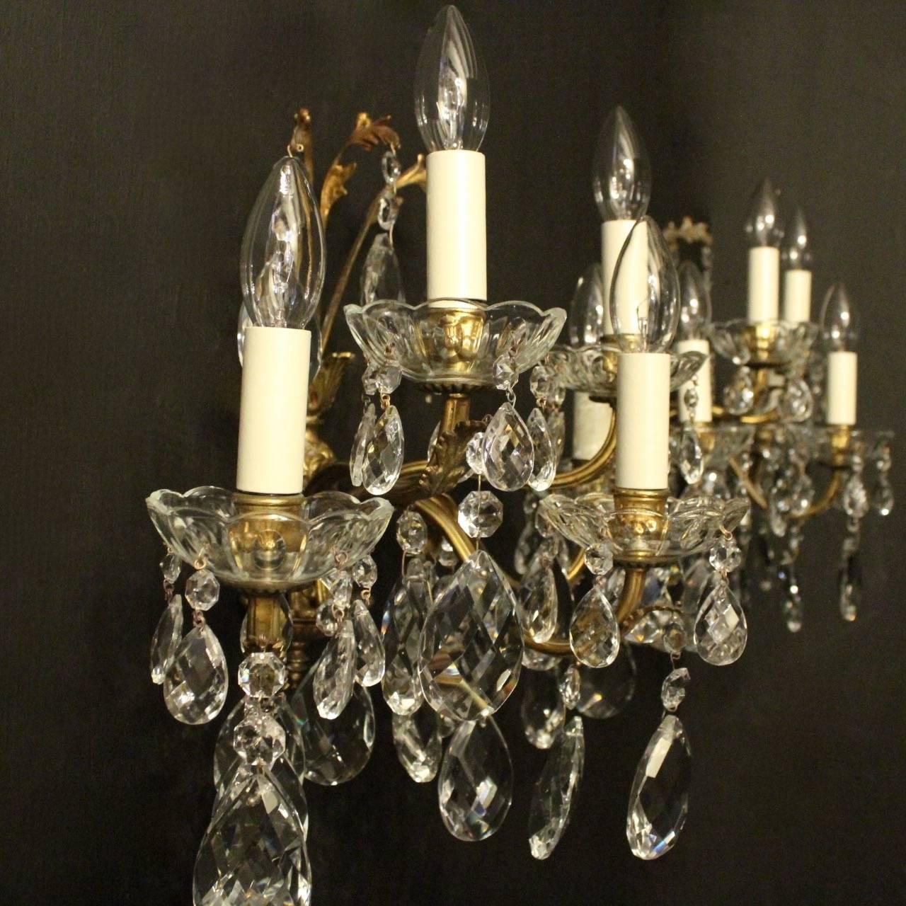 Baroque Italian Pair of Gilded Bronze and Crystal Five-Arm Wall Lights