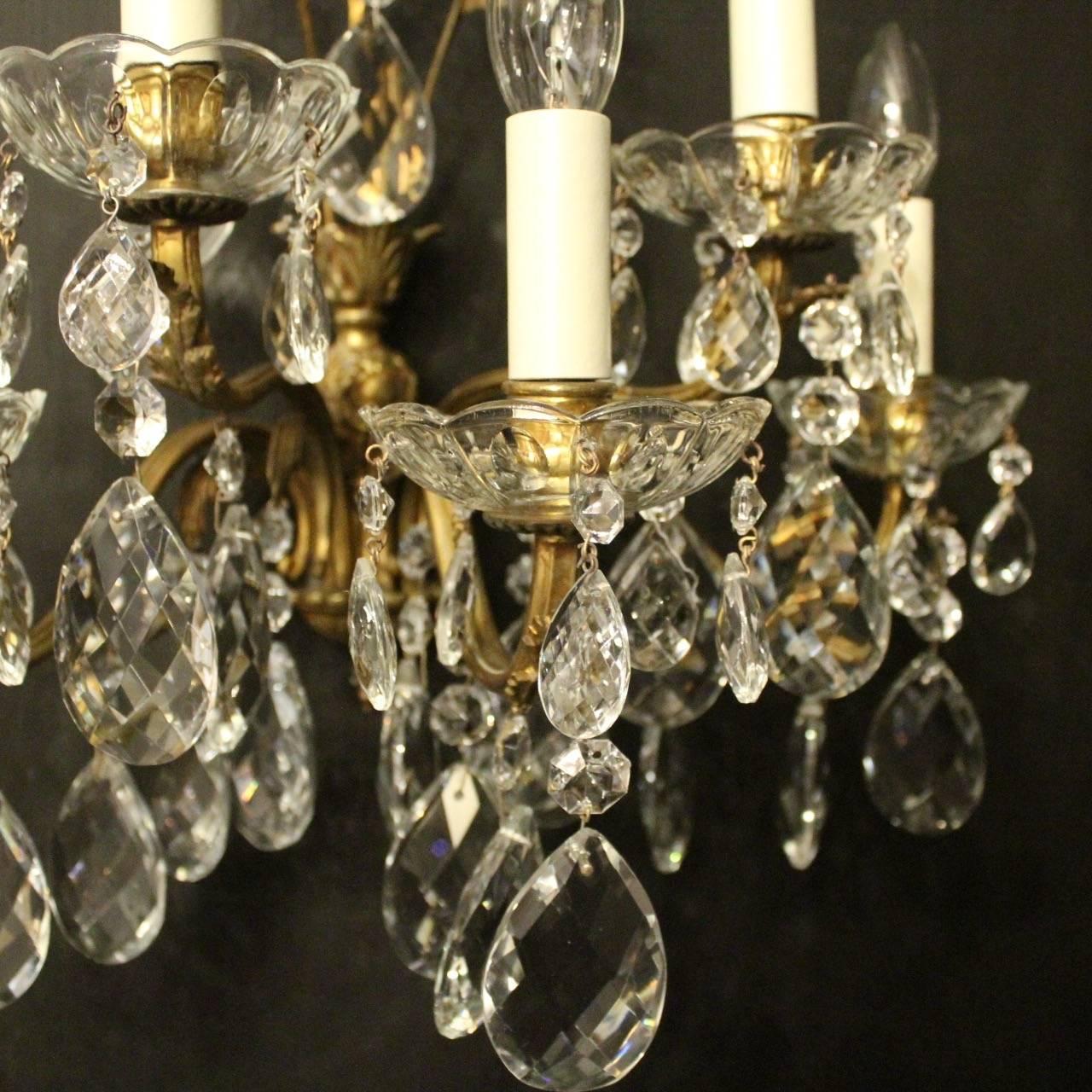 Gilt Italian Pair of Gilded Bronze and Crystal Five-Arm Wall Lights