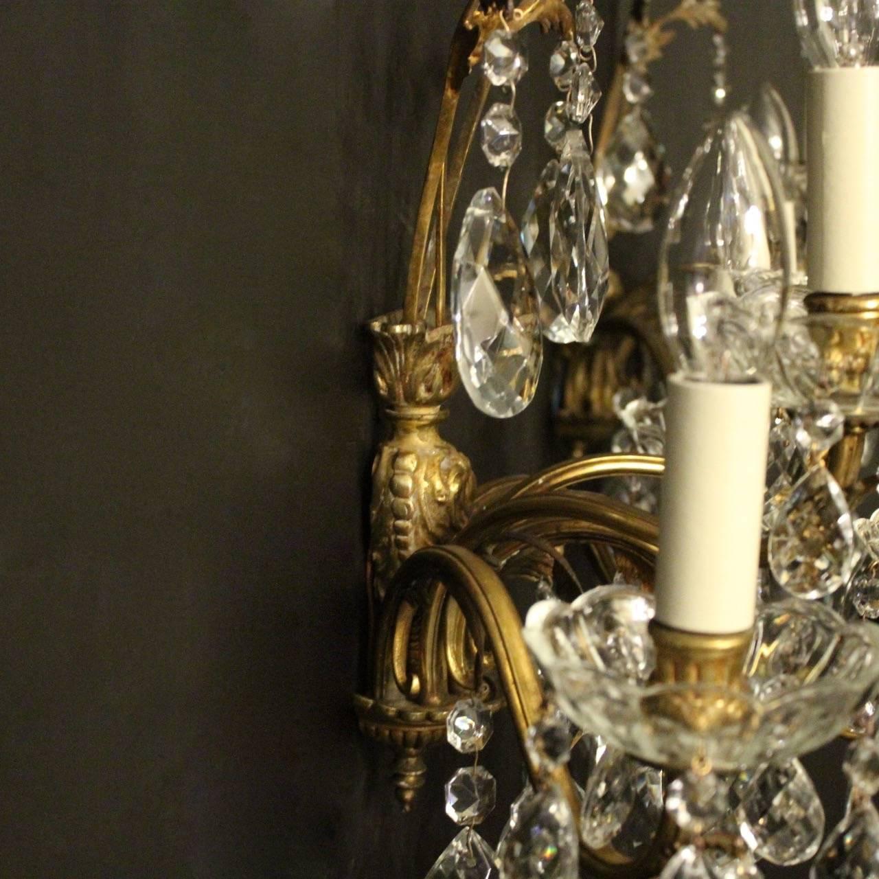 Italian Pair of Gilded Bronze and Crystal Five-Arm Wall Lights 2