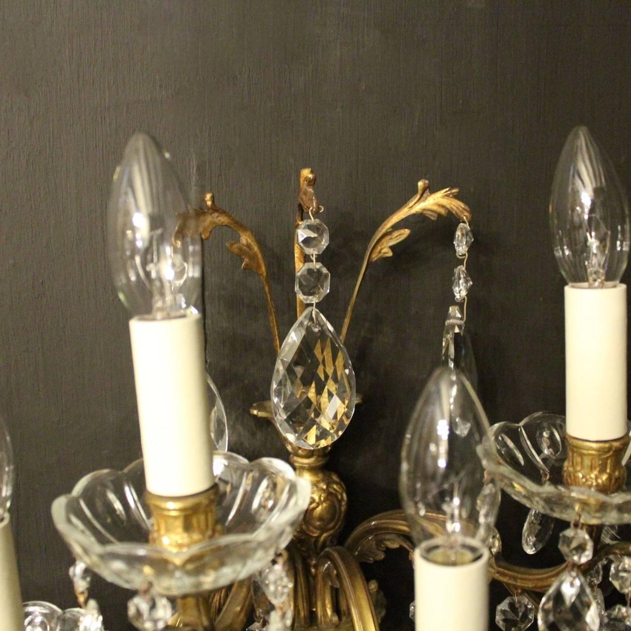 Italian Pair of Gilded Bronze and Crystal Five-Arm Wall Lights 3