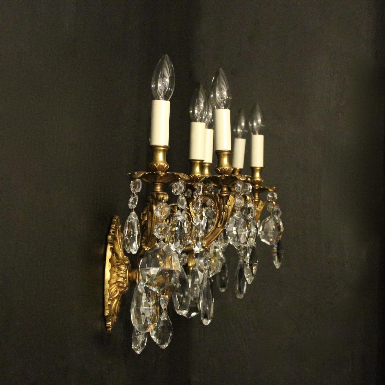 Italian Pair of Gilded Bronze and Crystal Antique Wall Lights 5