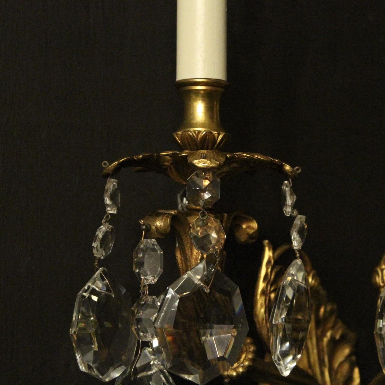 Italian Pair of Gilded Bronze and Crystal Antique Wall Lights 2