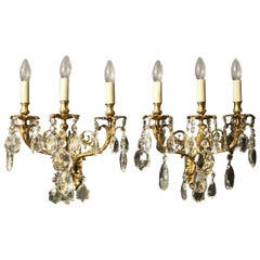 Italian Pair of Gilded Bronze and Crystal Antique Wall Lights