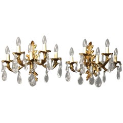 Italian Pair of Gilded Bronze and Crystal Five-Arm Antique Wall Lights
