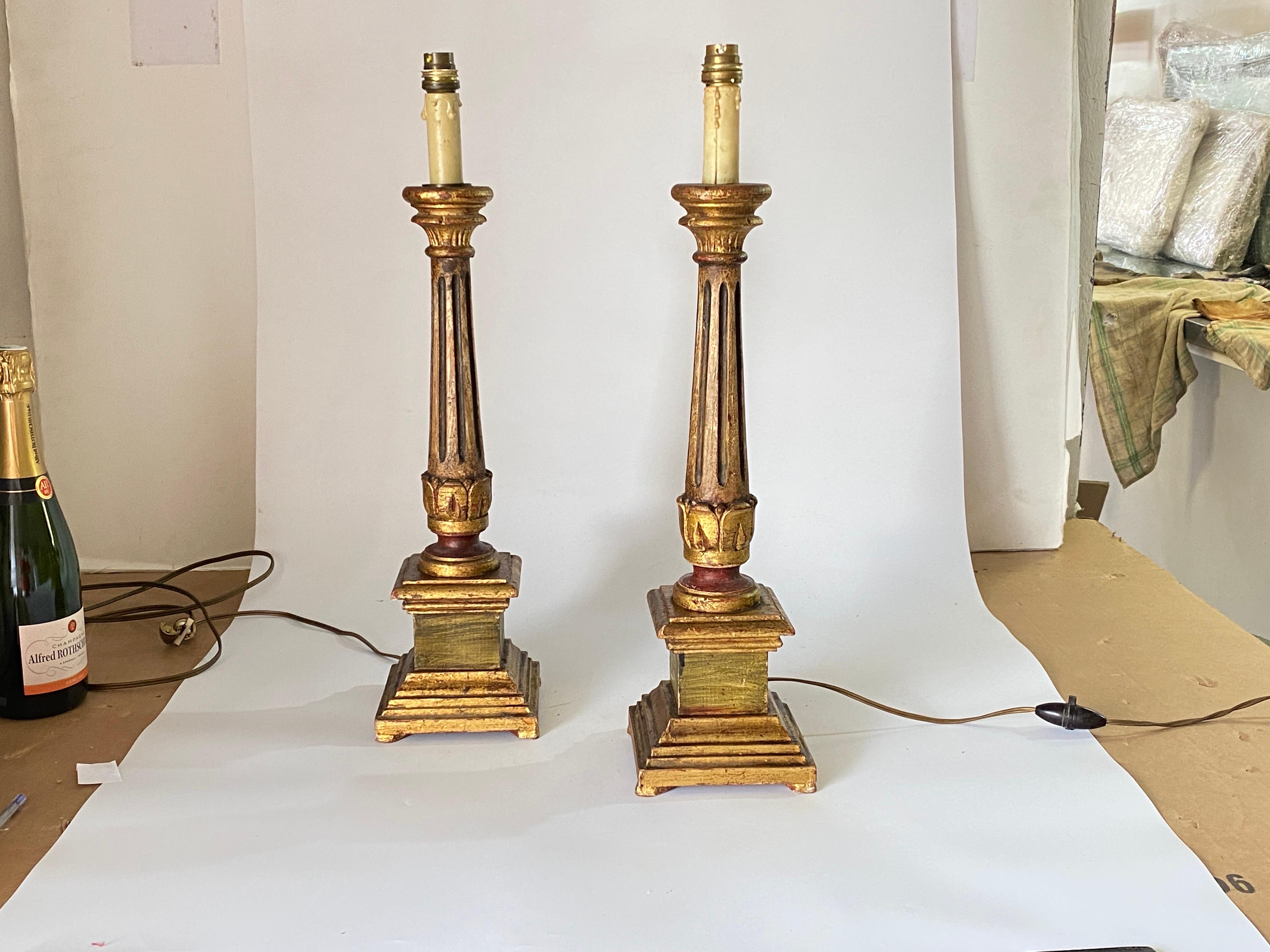 Italian Pair of Giltwood Table Lamps, Italy, Early 20th Century For Sale 8
