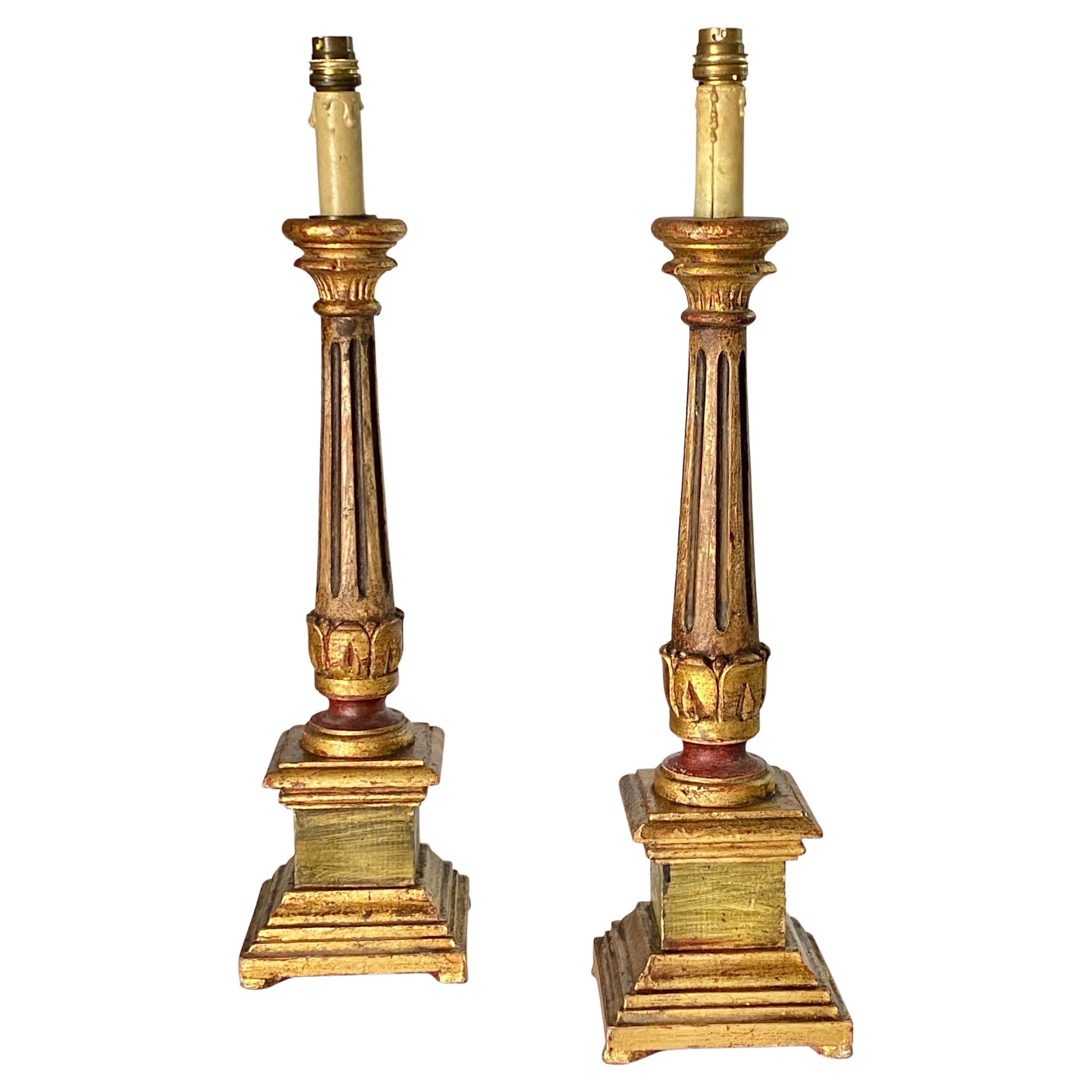 Italian Pair of Giltwood Table Lamps, Italy, Early 20th Century In Good Condition For Sale In Auribeau sur Siagne, FR