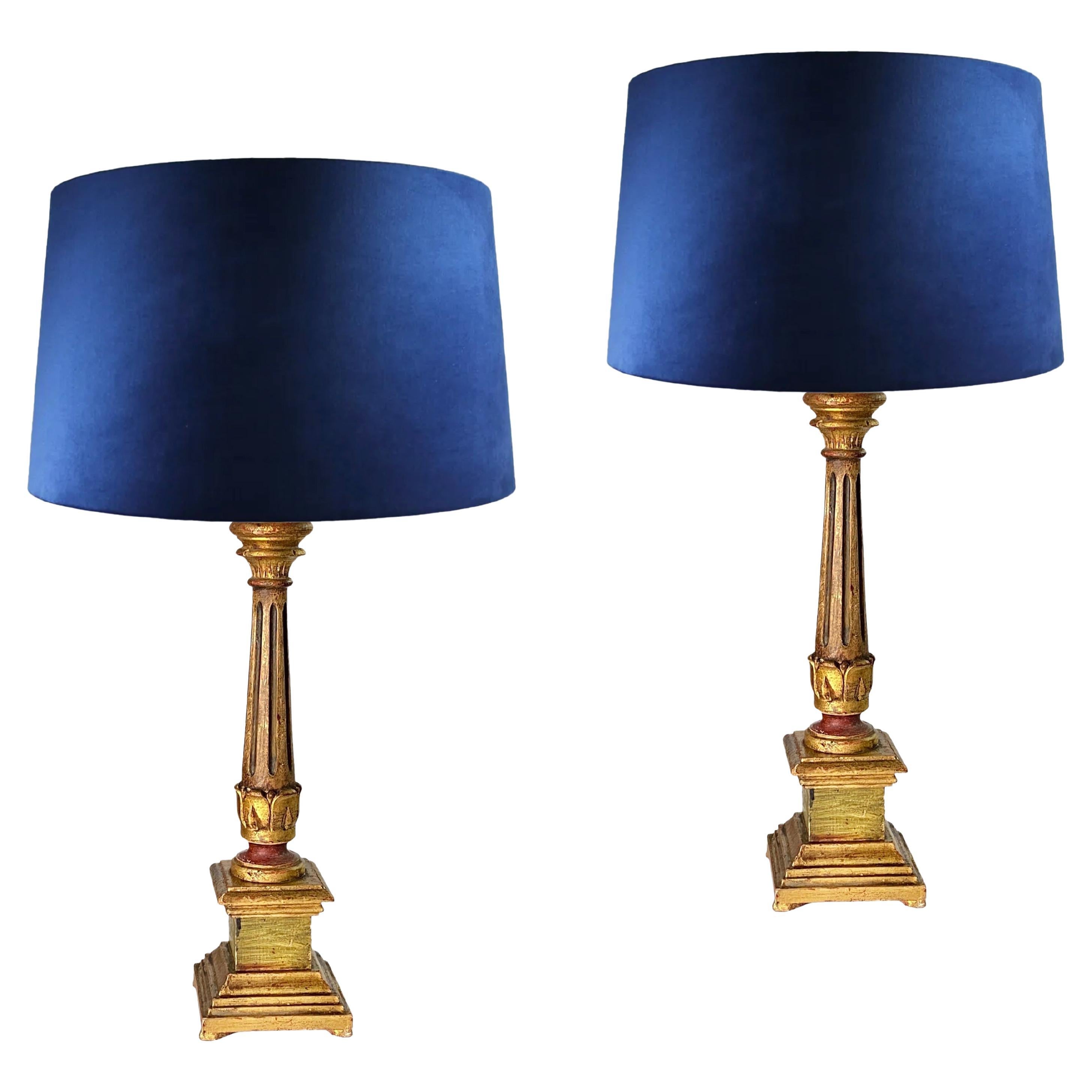 Italian Pair of Giltwood Table Lamps, Italy, Early 20th Century For Sale