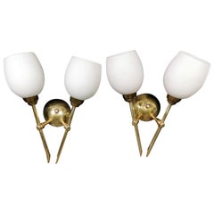 Vintage Italian Pair of Glass Opaline White Milk Glass and Brass Sconces, 1956-1959