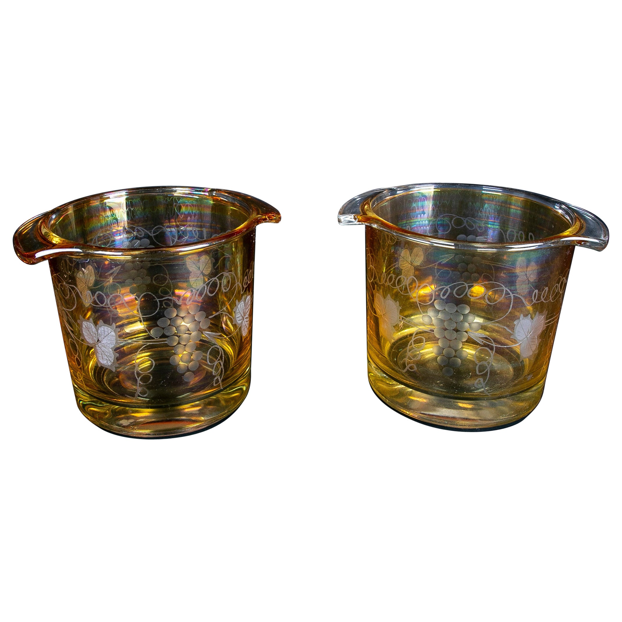 Italian Pair of Glass Vessels with Grapes Carved Decoration