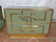 Italian Pair of Green Bedside Tables, Solid Birch Wood & Brass, 1950s Available