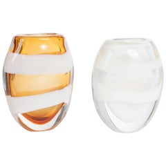 Italian Pair of Heavy Cognac/Opalescent Murano Glass Vases Sign by P. Signoretto