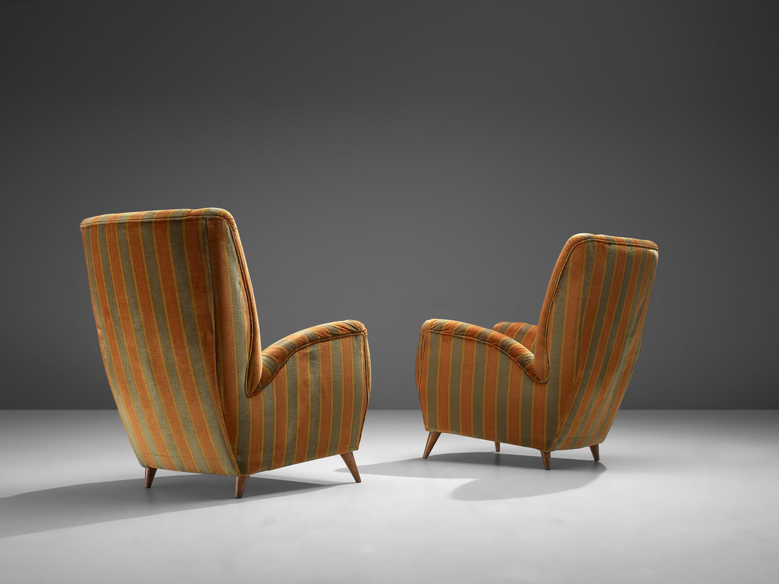 Mid-Century Modern Italian Pair of High Back Chairs in Green and Orange Striped Upholstery