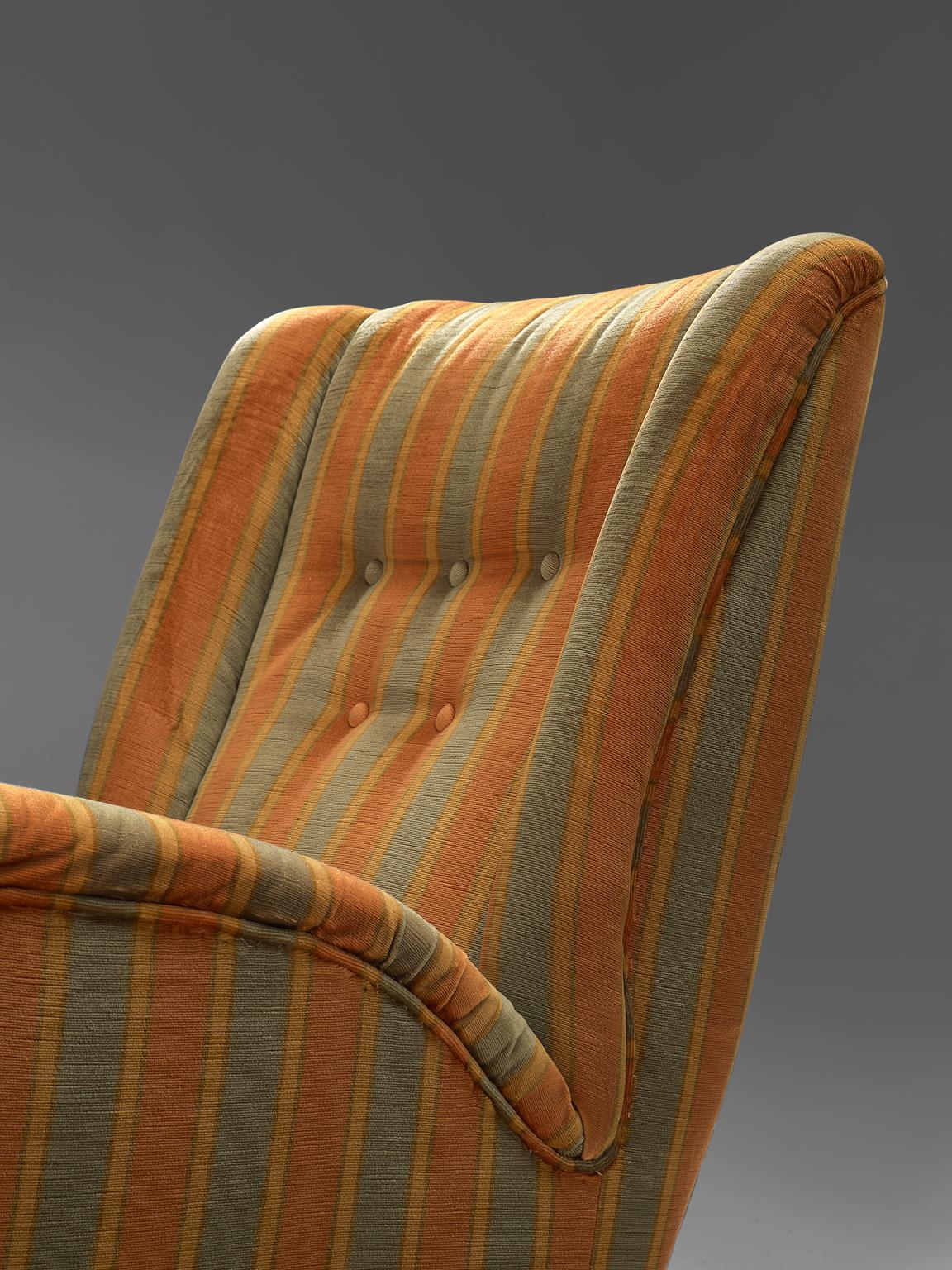 Mid-20th Century Italian Pair of High Back Chairs in Green and Orange Striped Upholstery