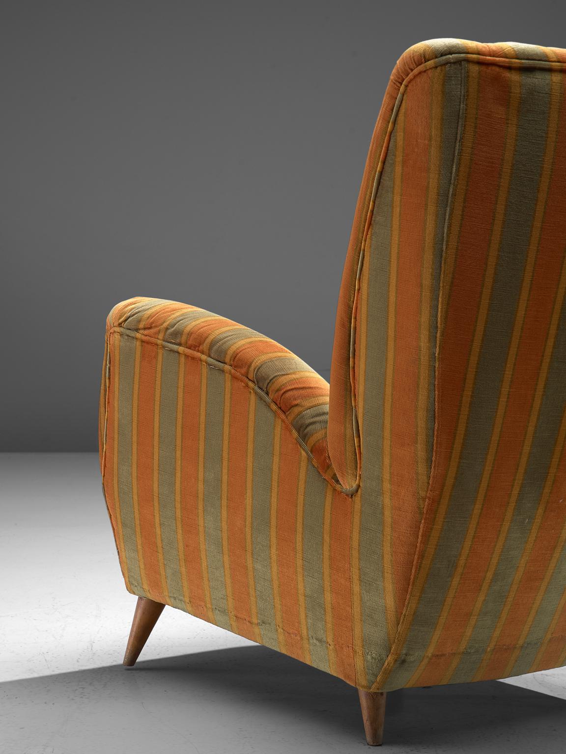 Velvet Italian Pair of High Back Chairs in Green and Orange Striped Upholstery