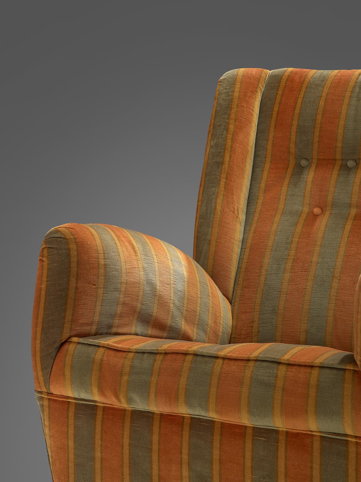 Italian Pair of High Back Chairs in Green and Orange Striped Upholstery 1