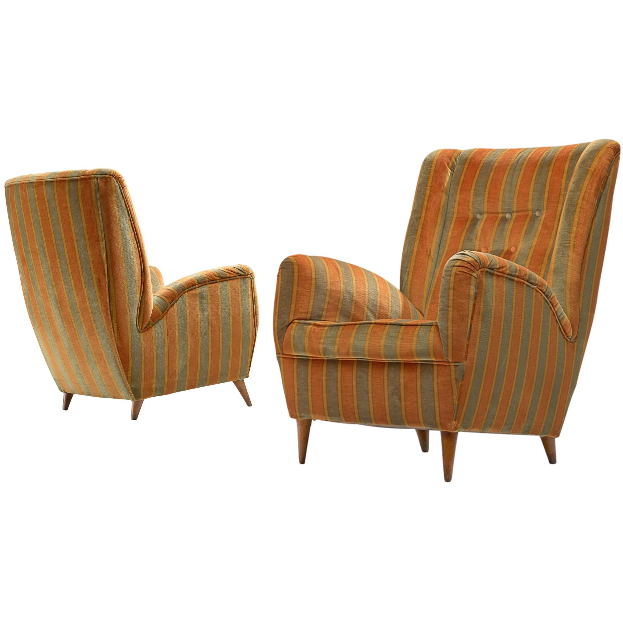 Italian Pair of High Back Chairs in Green and Orange Striped Upholstery