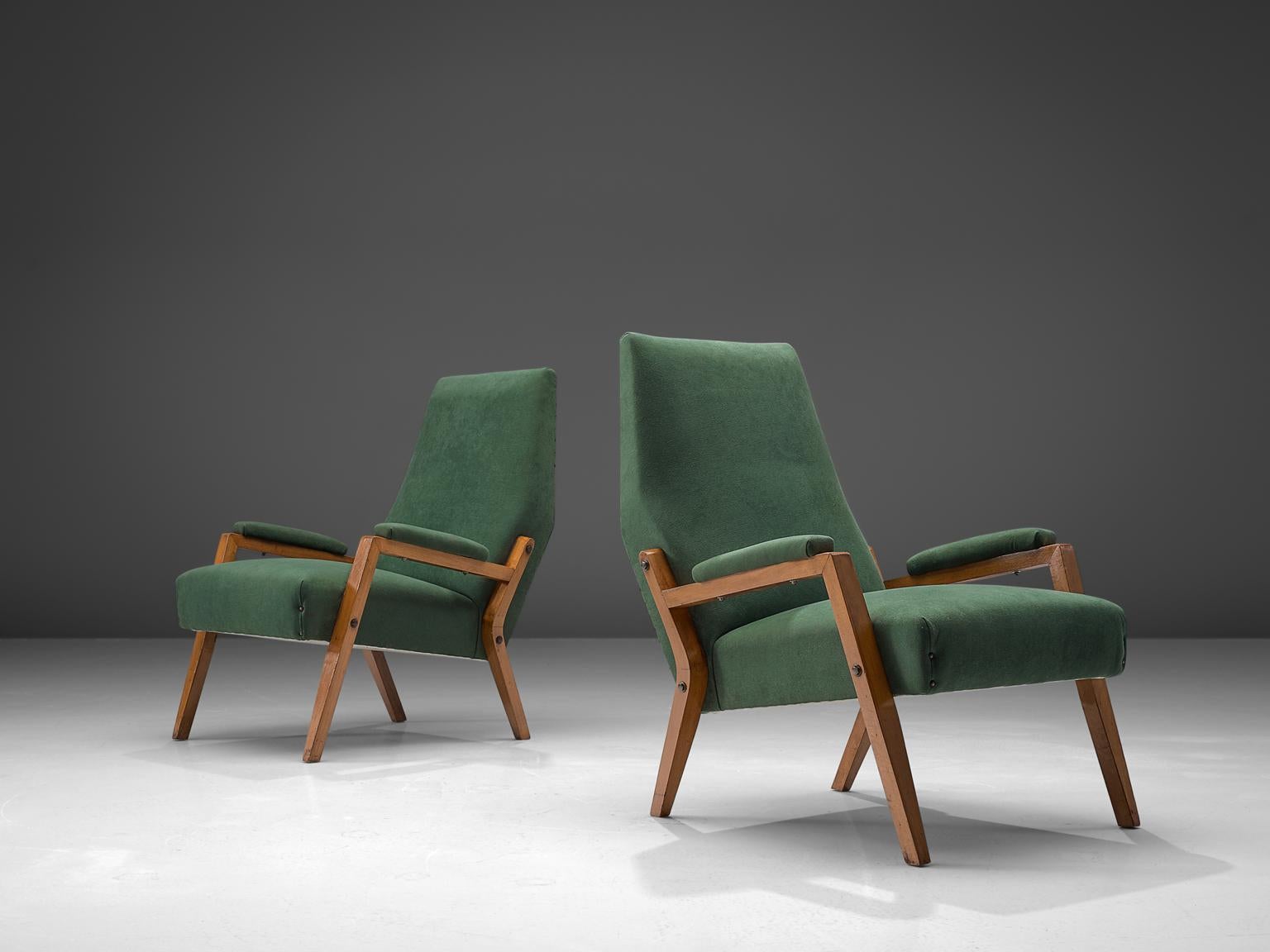 Paar Sessel, Stoff, gebeizte Buche, Metall, Italien, 1950er Jahre

Dieses außergewöhnliche, in Italien entworfene und gefertigte Sesselpaar zeichnet sich durch seine ausgeprägte Geometrie und die harmonische Mischung von Texturen und Materialien
