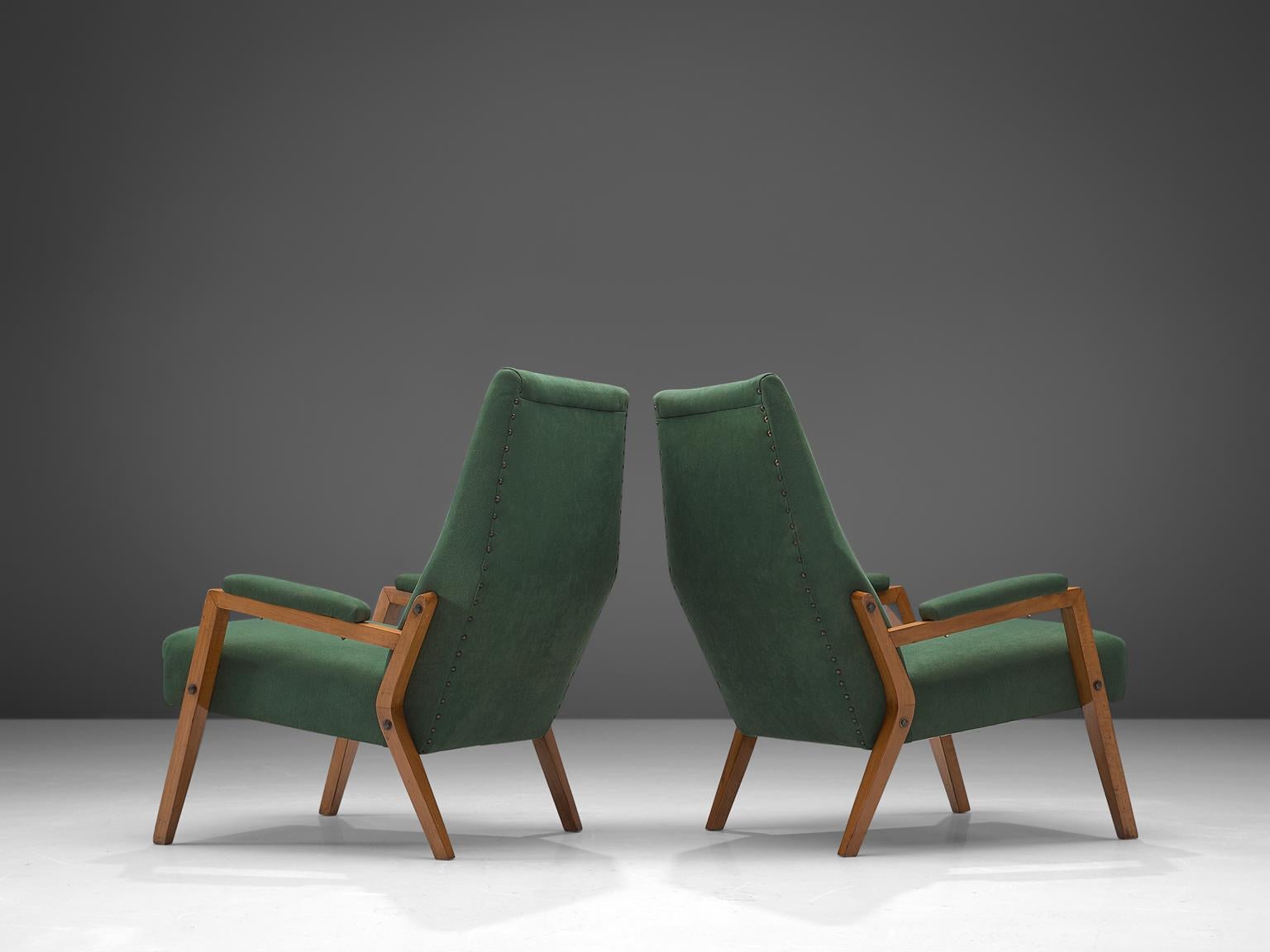 Metal Italian Pair of High Back Lounge Chairs in Green Upholstery For Sale