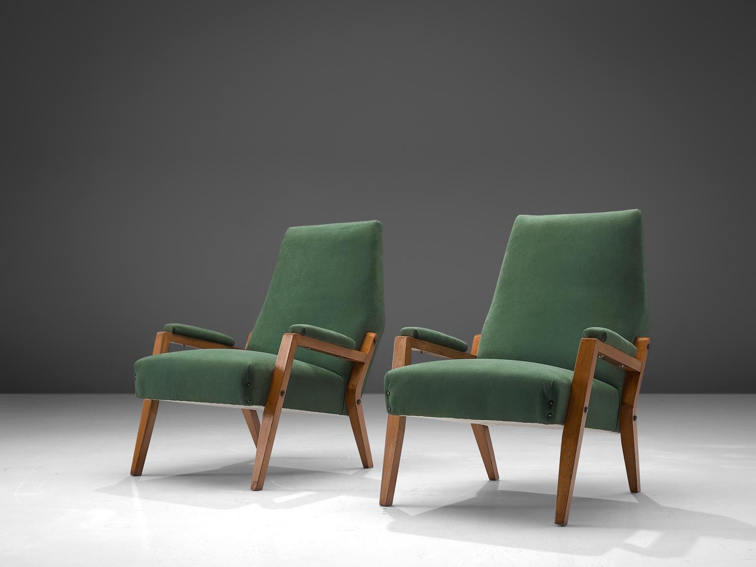 Italian Pair of High Back Lounge Chairs in Green Upholstery For Sale 3