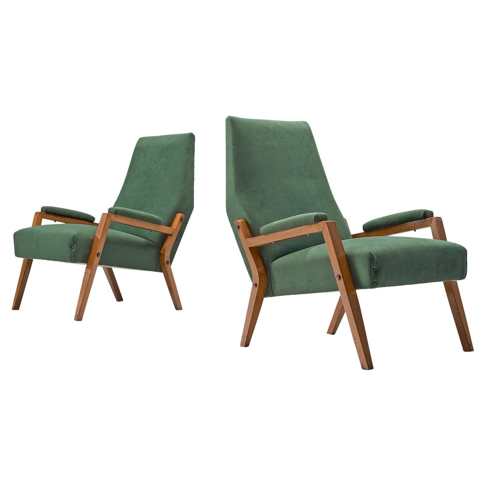 Italian Pair of High Back Lounge Chairs in Green Upholstery For Sale