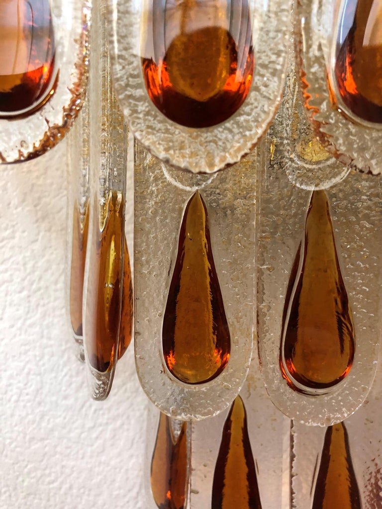 Italian Pair of Large Midcentury Amber Murano Wall Sconces by Mazzega, 1970s For Sale 2