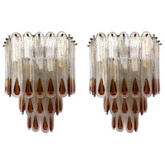 Italian Pair of Large Midcentury Amber Murano Wall Sconces by Mazzega, 1970s