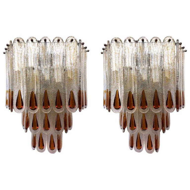 Italian Pair of Large Midcentury Amber Murano Wall Sconces by Mazzega, 1970s For Sale