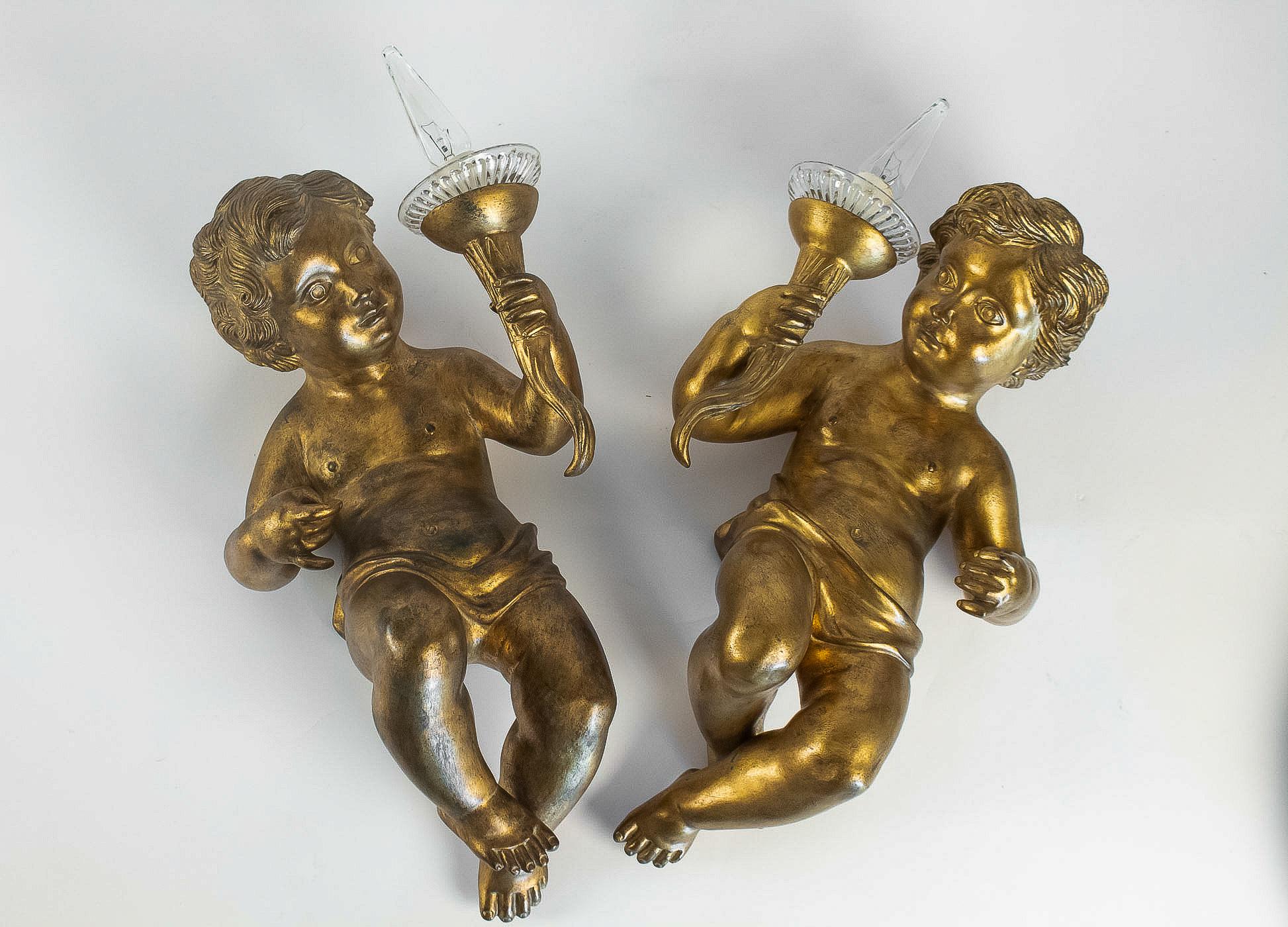 20th Century Italian Pair of Louis XV Style Figural Putti Sconces For Sale