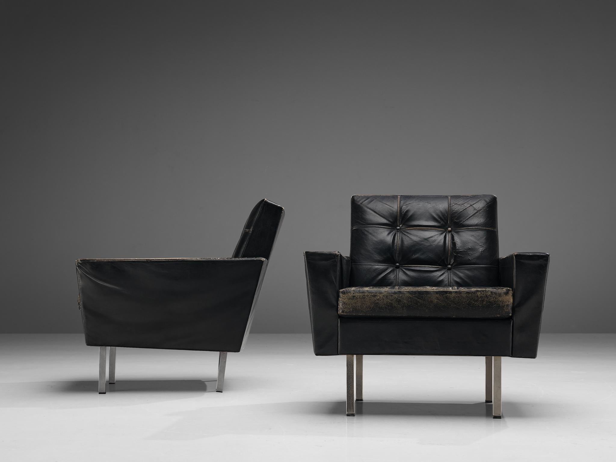 Italian Pair of Lounge Chairs in Black Leatherette and Metal 1