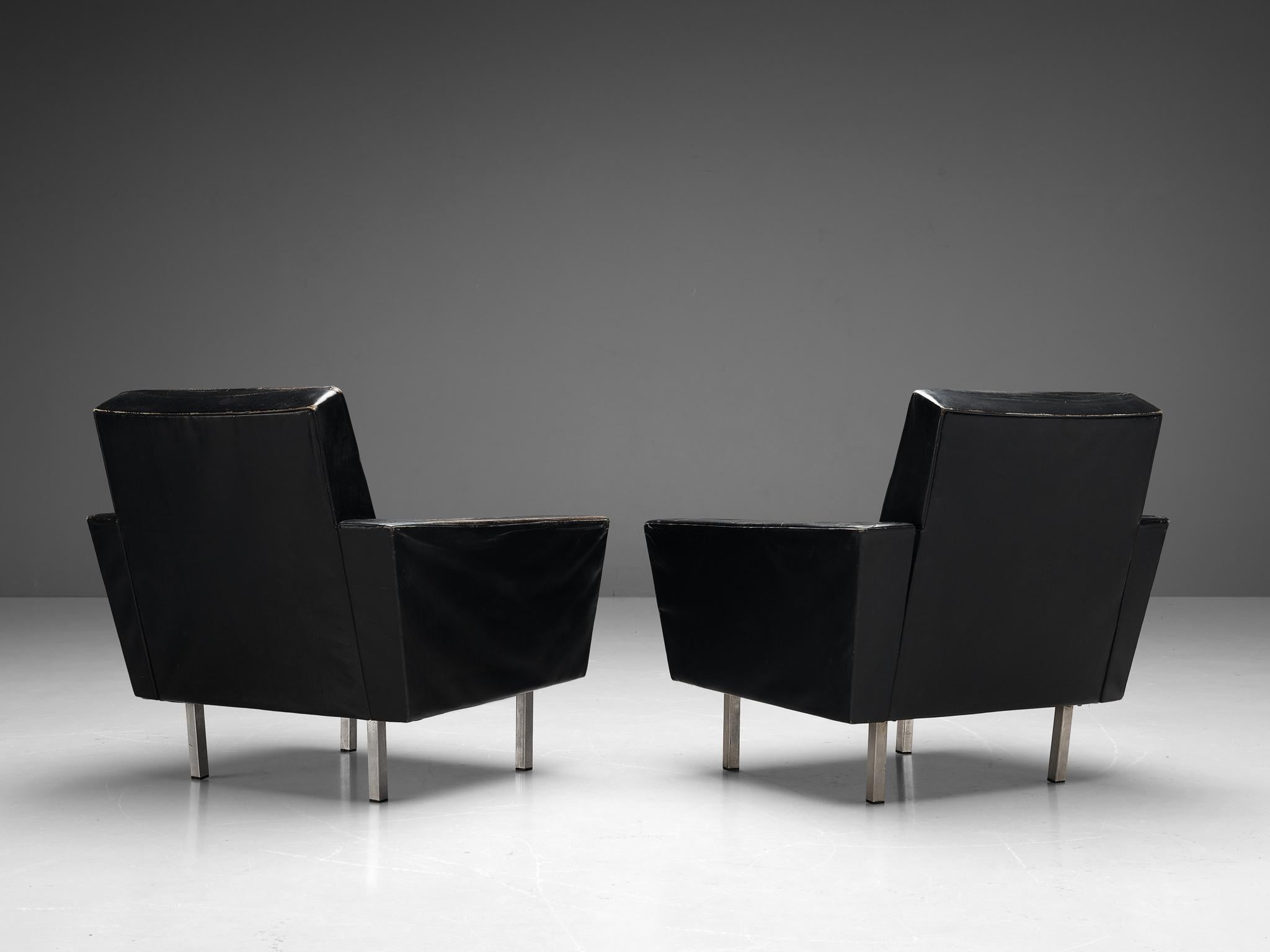Italian Pair of Lounge Chairs in Black Leatherette and Metal 3