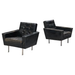 Italian Pair of Lounge Chairs in Black Leatherette and Metal