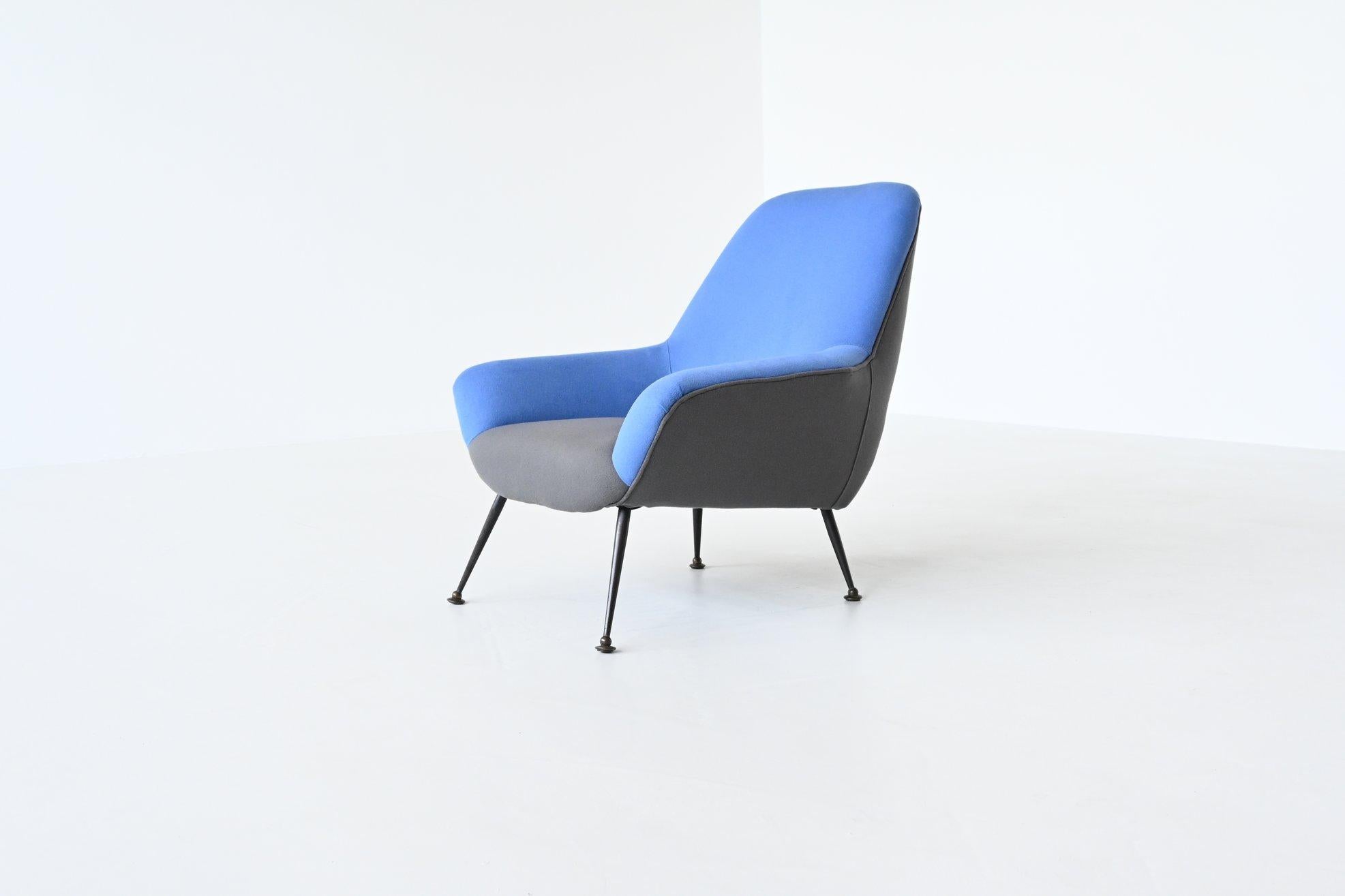 Italian Pair of Lounge Chairs in Blue and Grey Felt Wool, Italy 1950 8