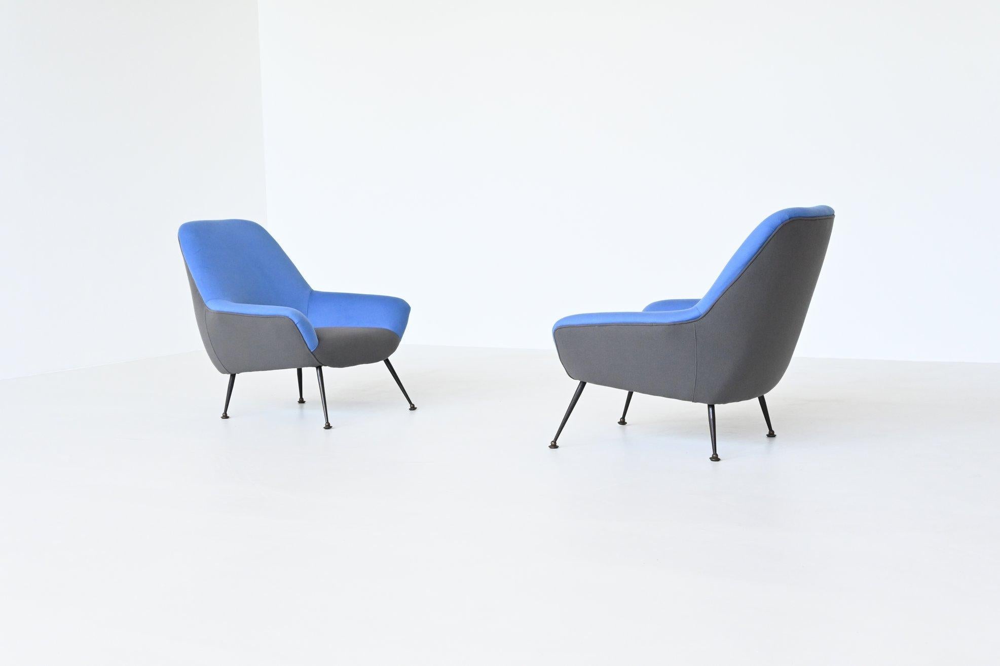 Mid-Century Modern Italian Pair of Lounge Chairs in Blue and Grey Felt Wool, Italy 1950
