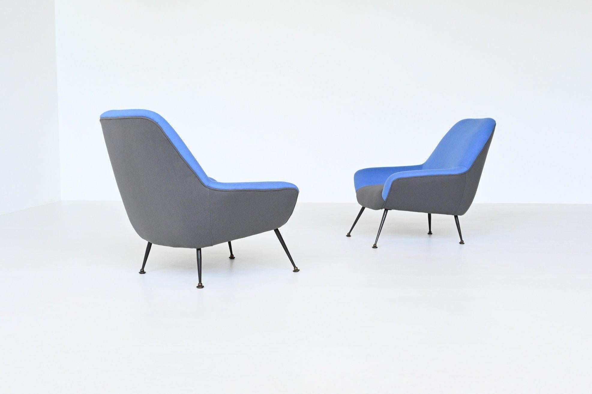 Mid-20th Century Italian Pair of Lounge Chairs in Blue and Grey Felt Wool, Italy 1950