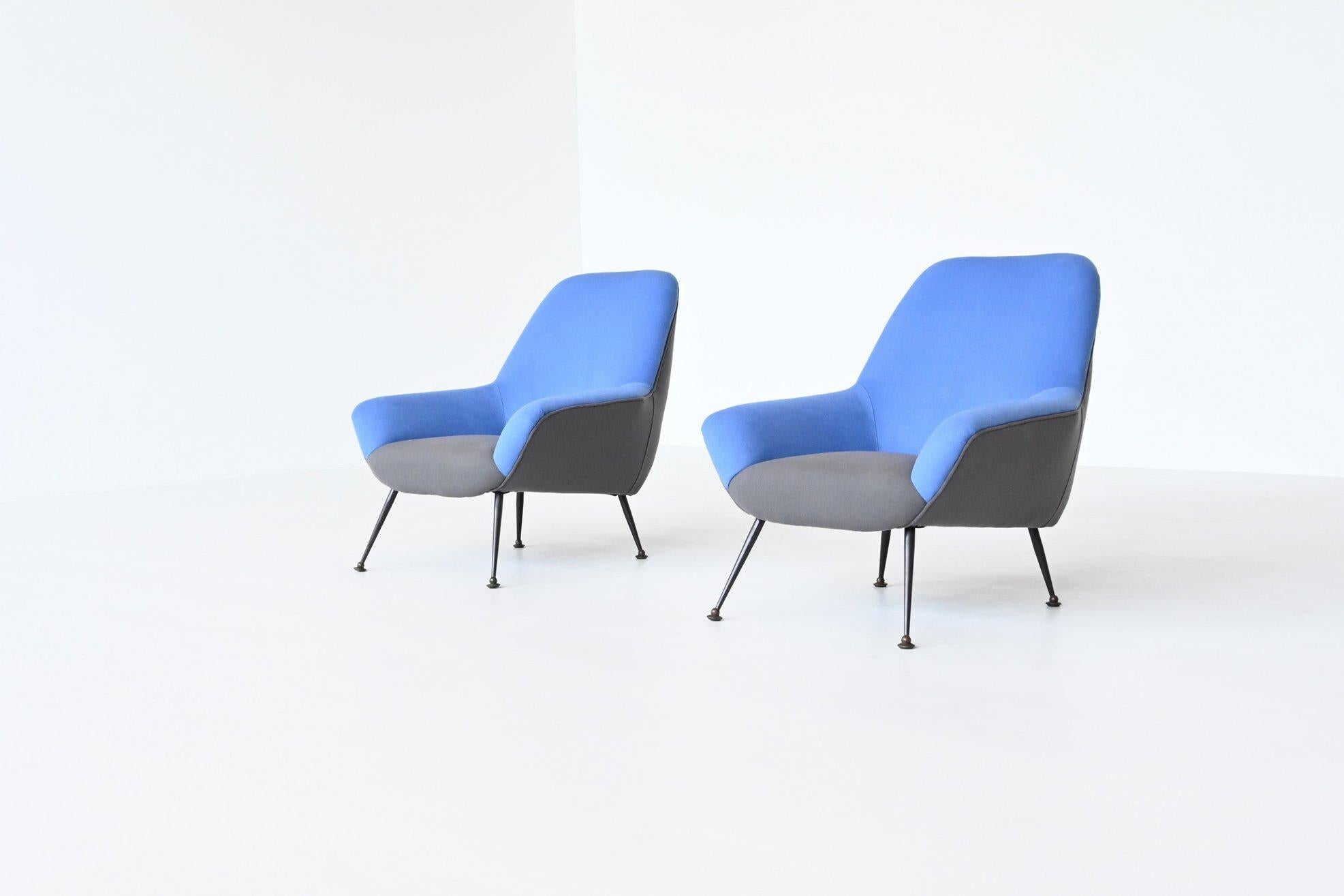 Metal Italian Pair of Lounge Chairs in Blue and Grey Felt Wool, Italy 1950