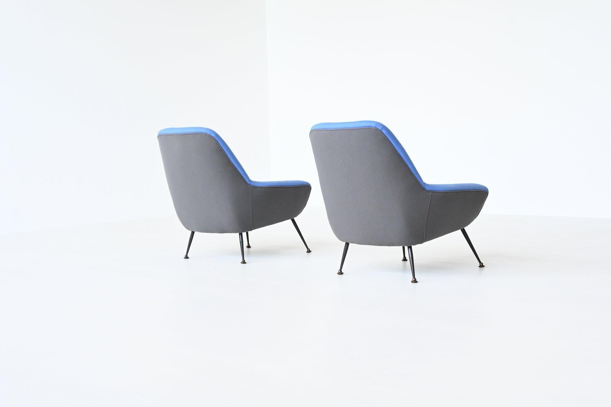 Italian Pair of Lounge Chairs in Blue and Grey Felt Wool, Italy 1950 1