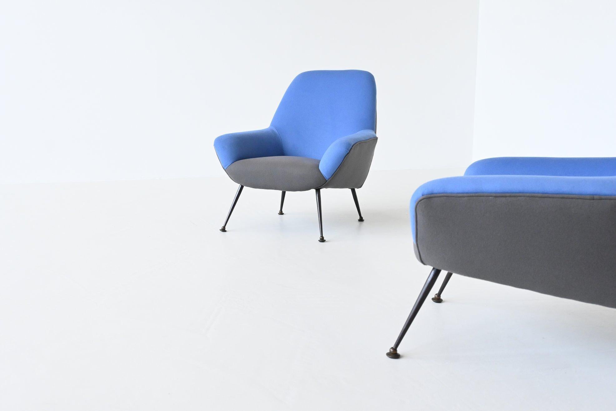 Italian Pair of Lounge Chairs in Blue and Grey Felt Wool, Italy 1950 2