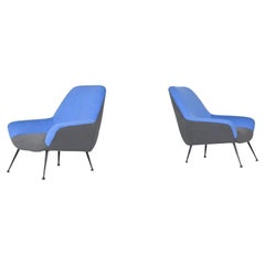 Italian Pair of Lounge Chairs in Blue and Grey Felt Wool, Italy 1950