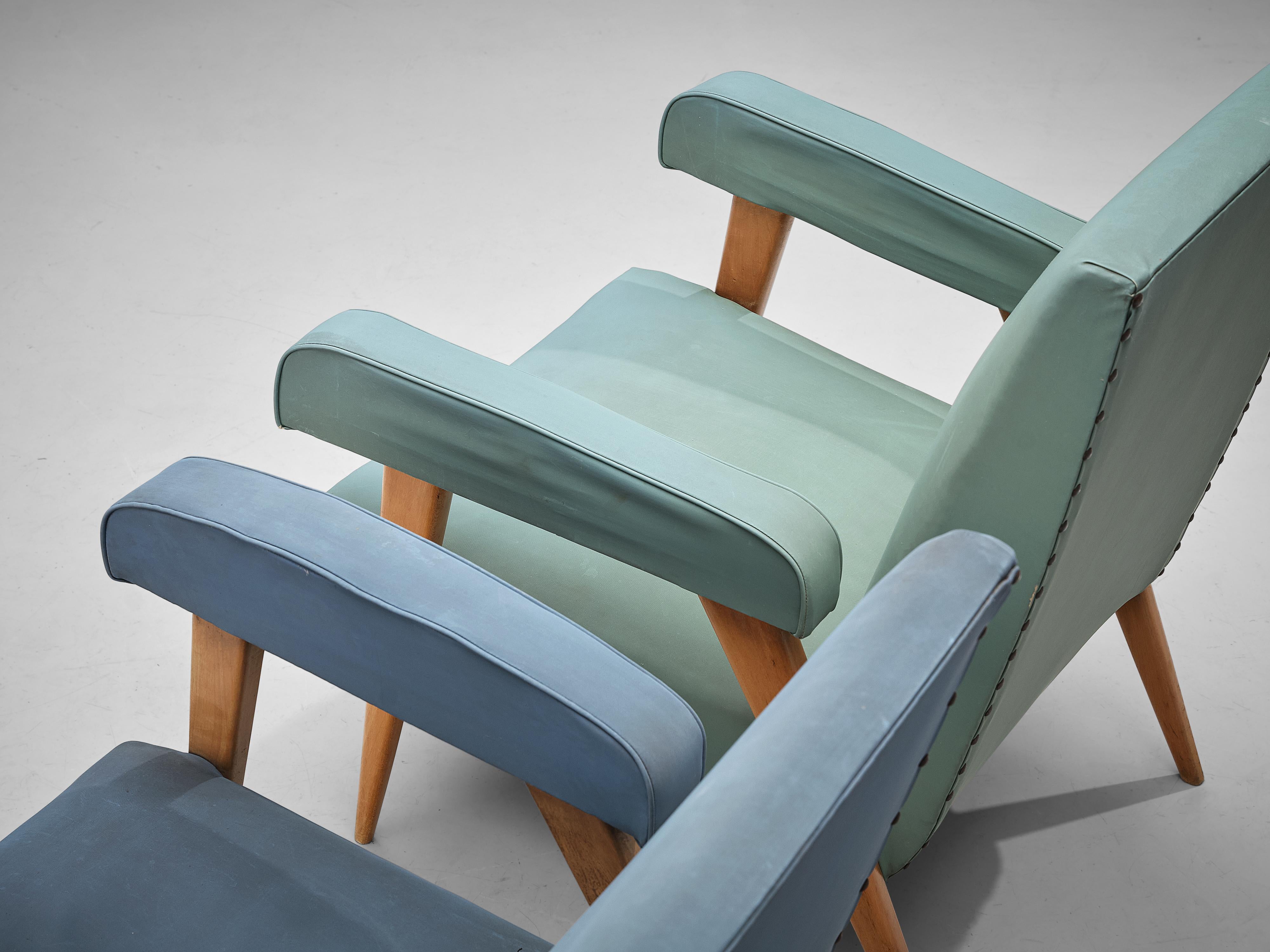 Mid-Century Modern Italian Pair of Lounge Chairs in Blue and Mint Green Upholstery and Cherry For Sale