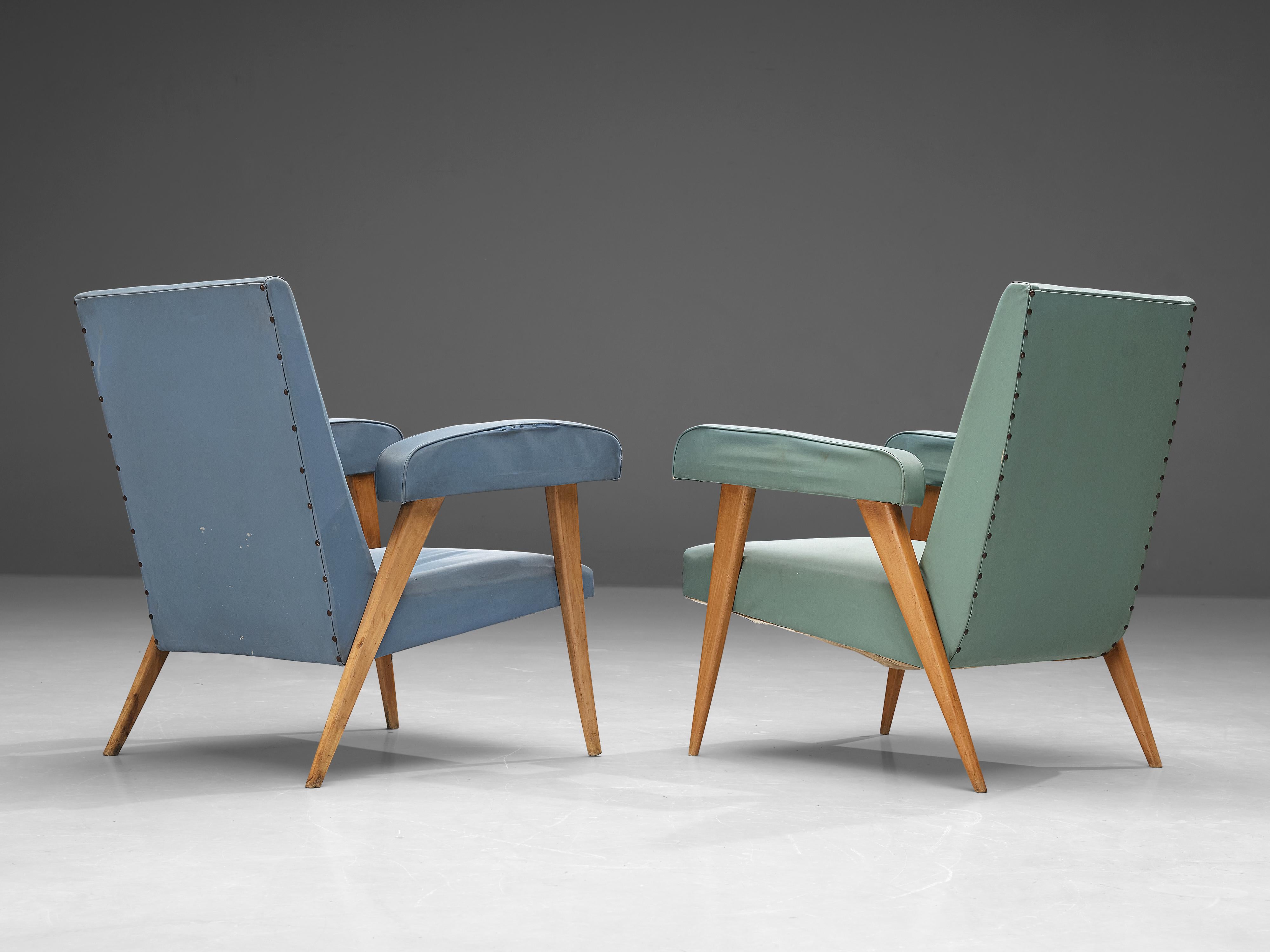 Italian Pair of Lounge Chairs in Blue and Mint Green Upholstery and Cherry In Good Condition For Sale In Waalwijk, NL