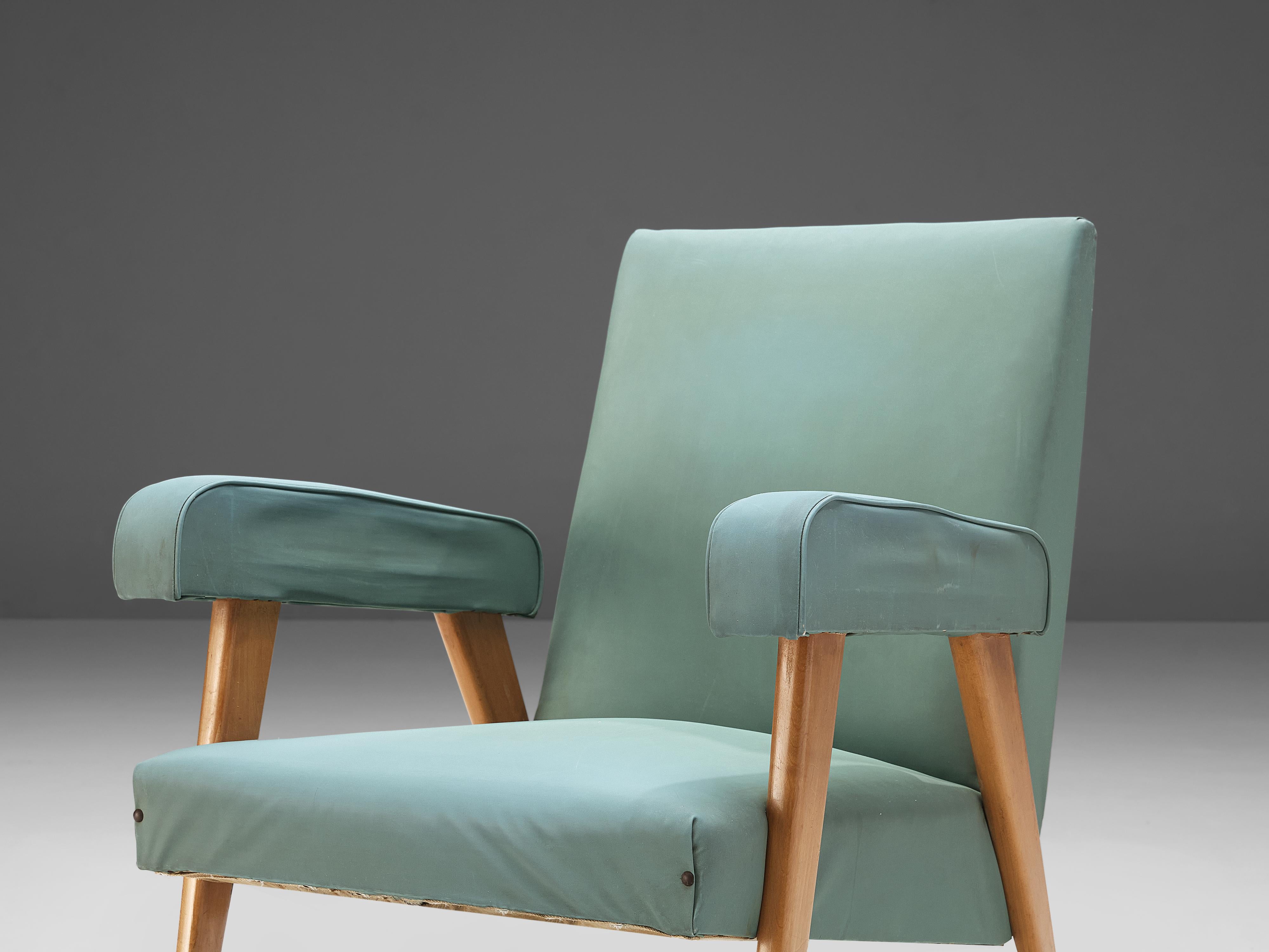 Mid-20th Century Italian Pair of Lounge Chairs in Blue and Mint Green Upholstery and Cherry For Sale
