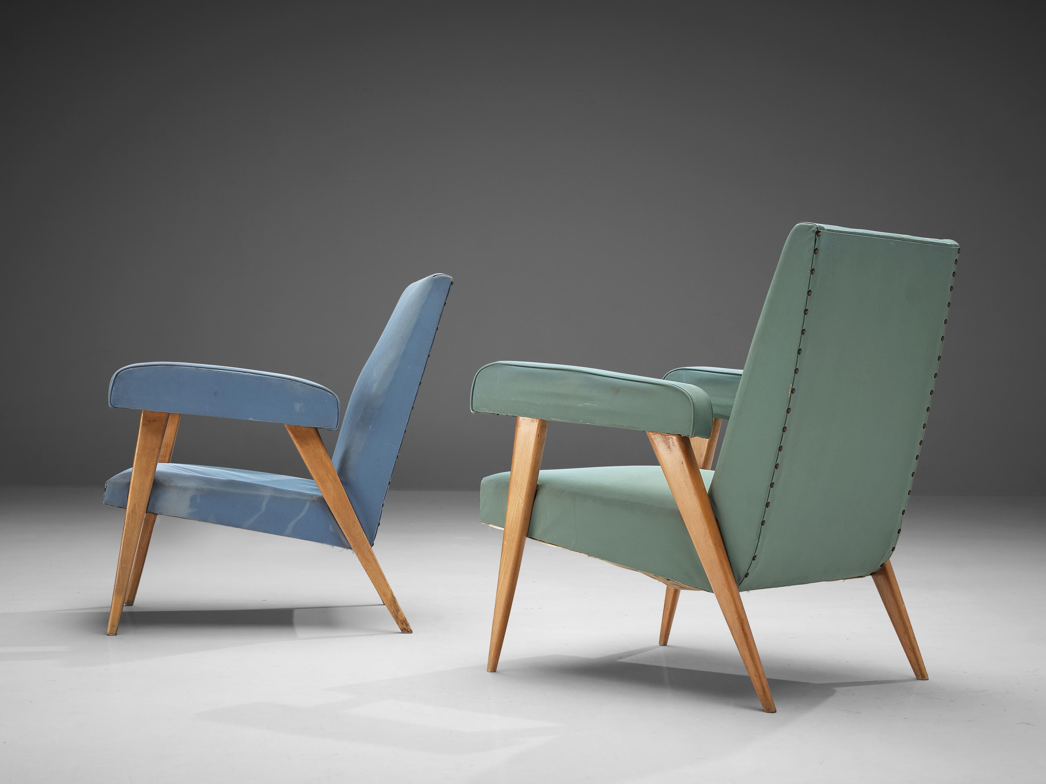 Faux Leather Italian Pair of Lounge Chairs in Blue and Mint Green Upholstery and Cherry For Sale