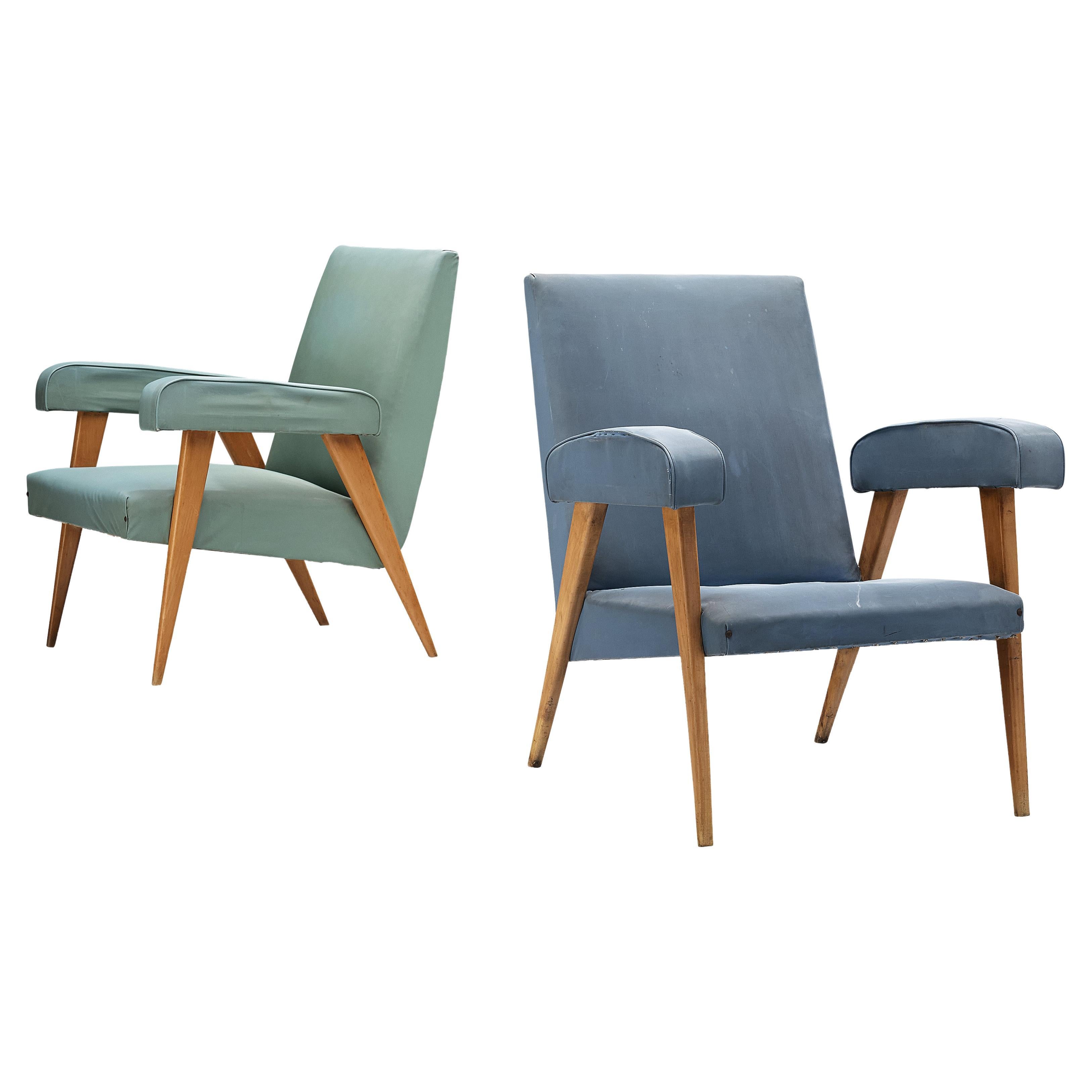 Italian Pair of Lounge Chairs in Blue and Mint Green Upholstery and Cherry For Sale