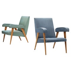Italian Pair of Lounge Chairs in Blue and Mint Green Upholstery and Cherry