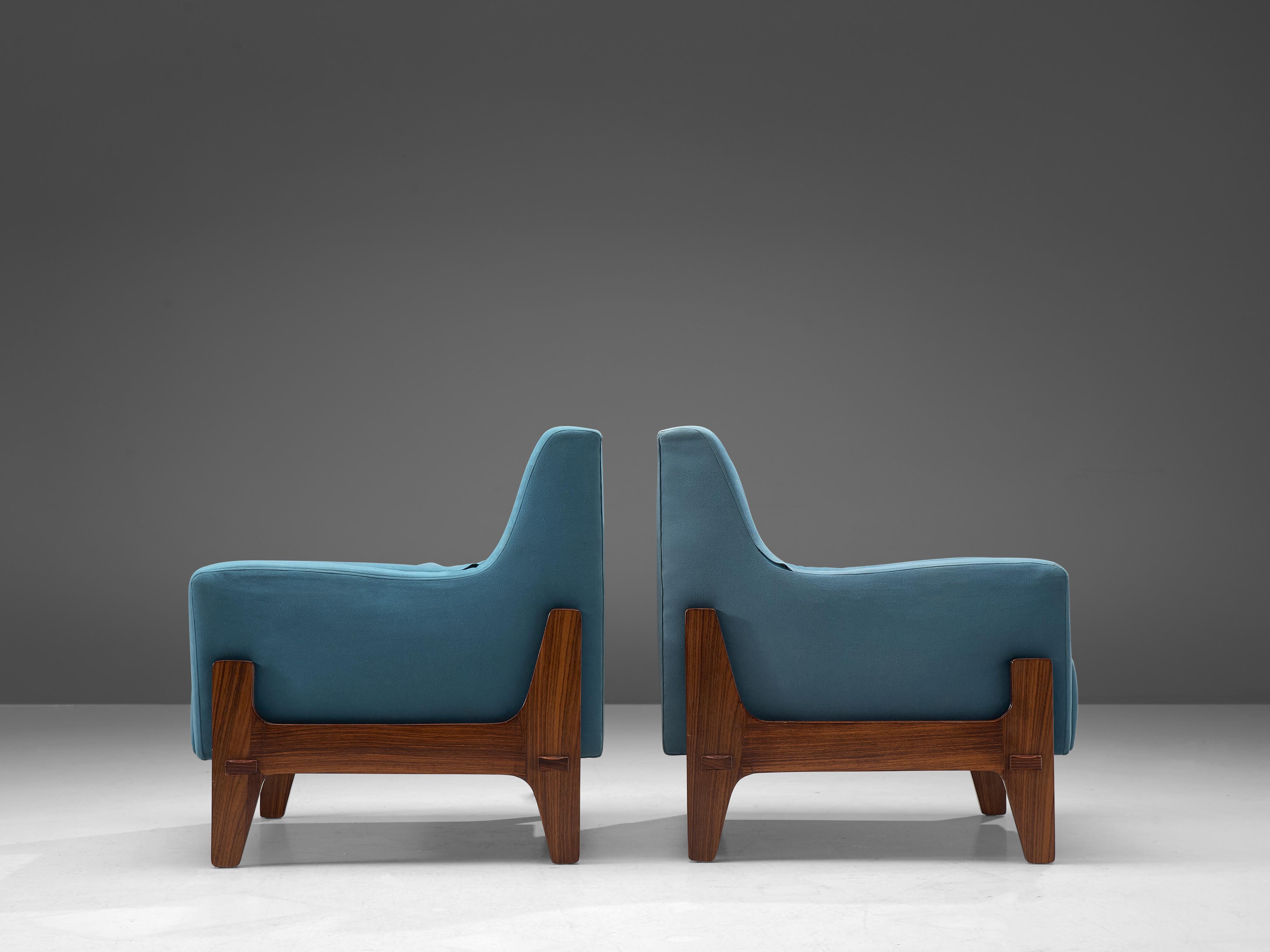 Rosewood Italian Pair of Lounge Chairs in Bright Blue Upholstery