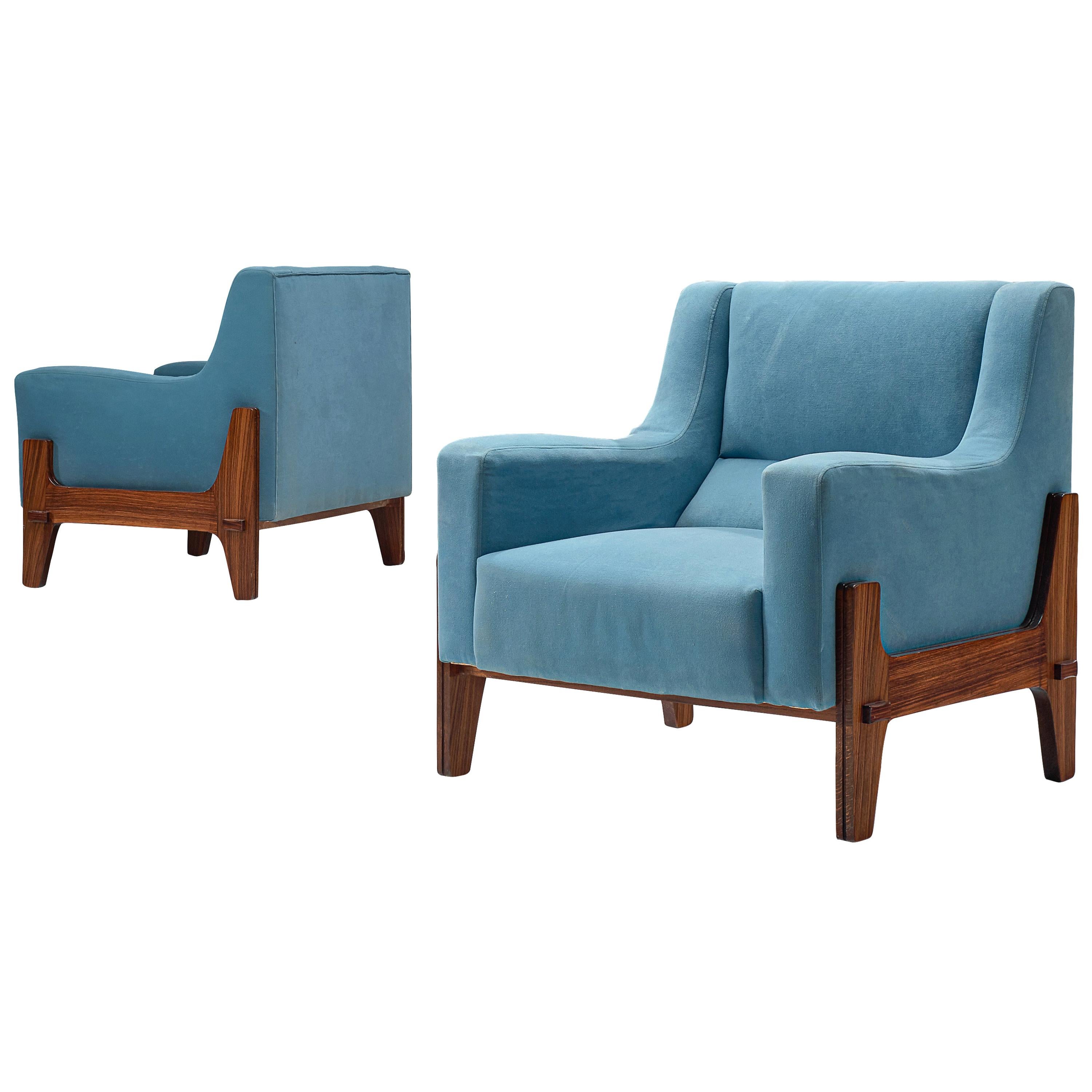 Italian Pair of Lounge Chairs in Bright Blue Upholstery