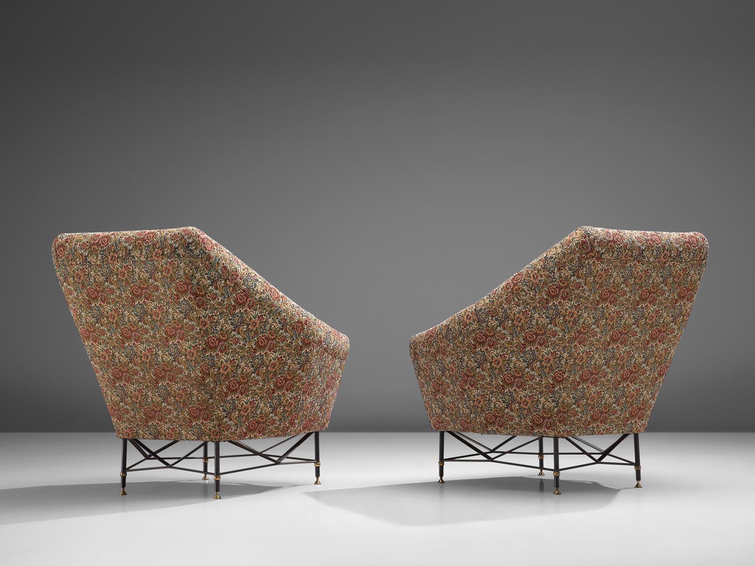 Mid-Century Modern Italian Pair of Lounge Chairs in Floral Upholstery