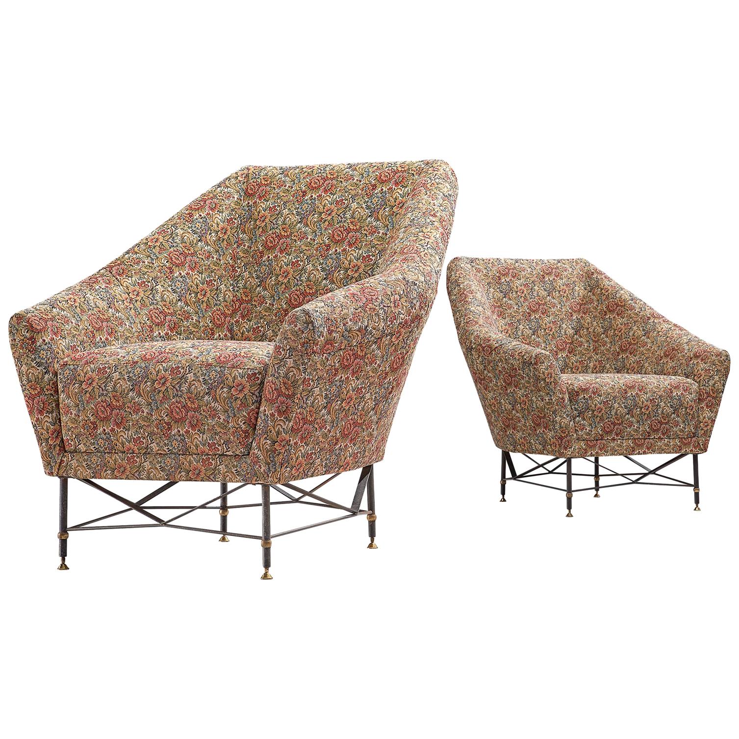 Italian Pair of Lounge Chairs in Floral Upholstery